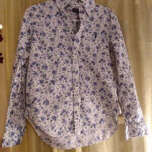 Ralph Lauren Long Sleeve Button-Down Floral Blouse White & Blue Size 8